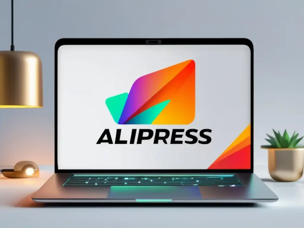 Portátil moderno con logo AliExpress como fondo, muestra gráfico de ganancias y categorías de productos, beneficios programa afiliados AliExpress