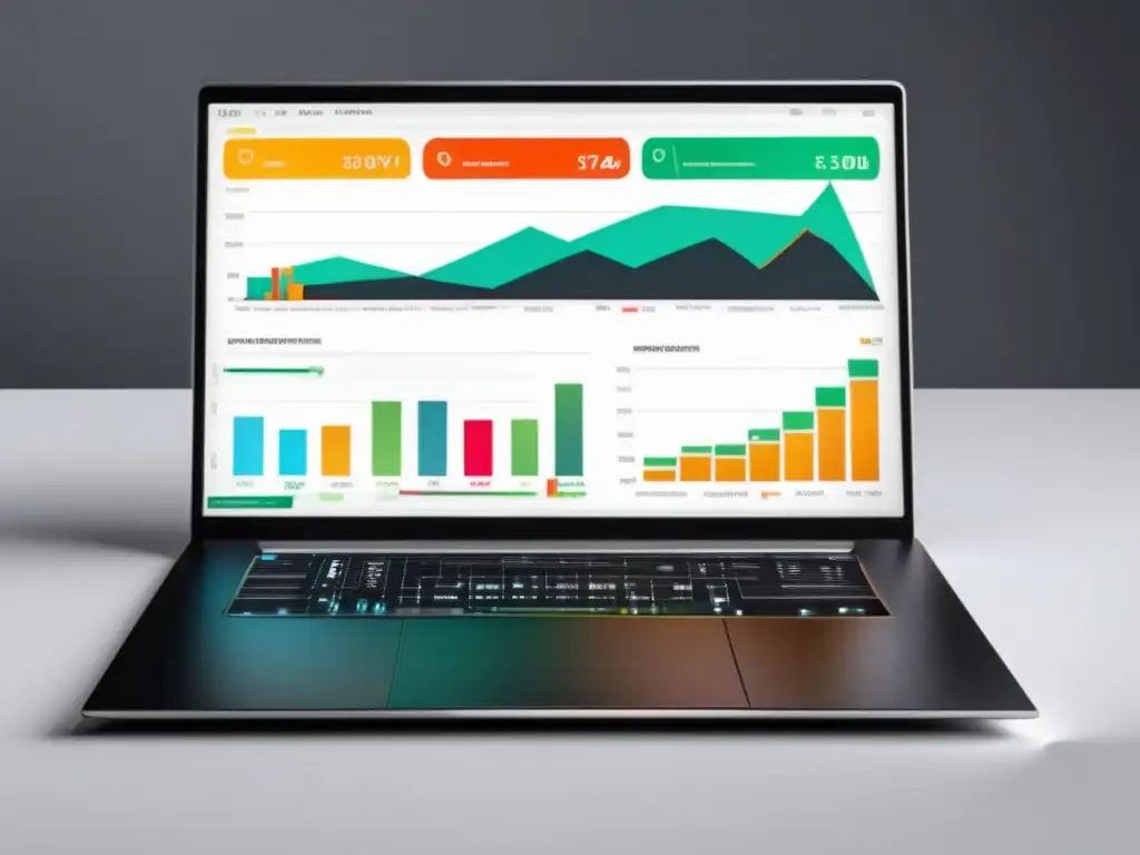 Factores clave programa de afiliados: Imagen laptop negro en escritorio blanco, dashboard vibrante con gráficos y métricas en azul y verde