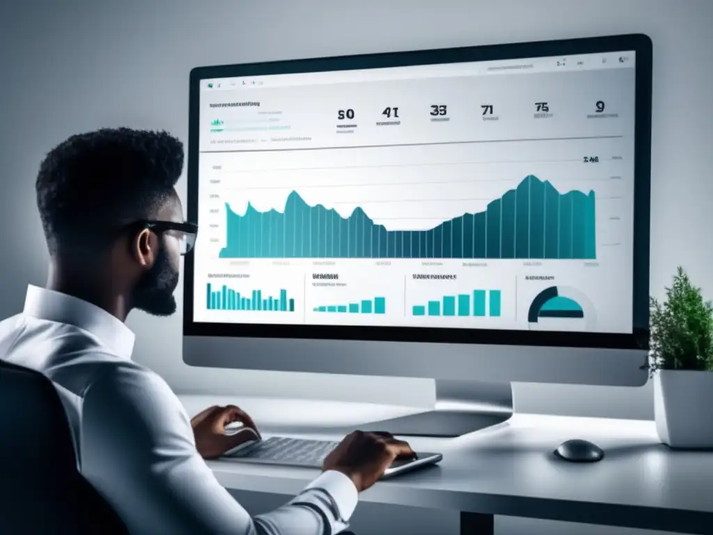 Persona analizando datos en una pantalla de computadora, en un entorno minimalista y moderno