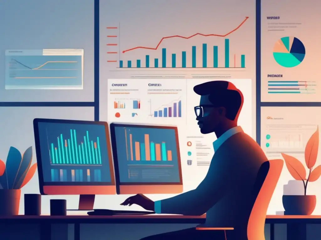 Persona analizando datos en una oficina, gráficos y datos en pantalla