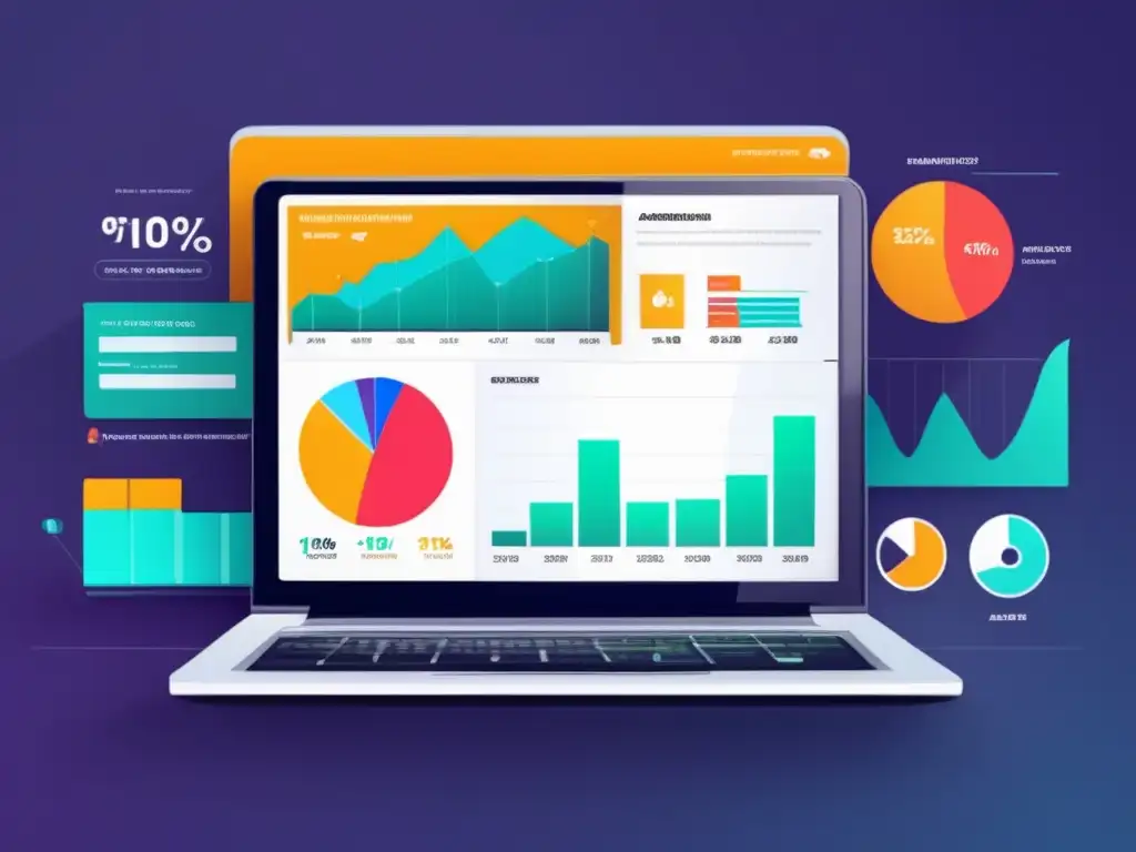 Herramientas para afiliados: pantalla de laptop mostrando dashboard de marketing con gráficos detallados y vibrante paleta de colores