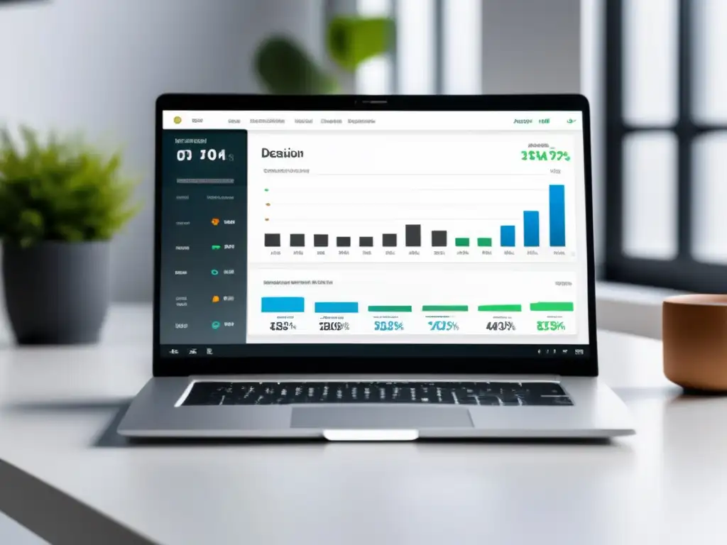 Laptop moderno en un escritorio blanco con dashboard de SEO y datos en tiempo real - Estrategias de SEO para optimizar el marketing de afiliados