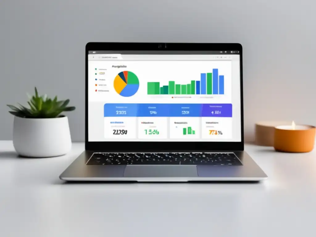 Laptop moderno con pantalla de alta resolución muestra dashboard de Google Analytics