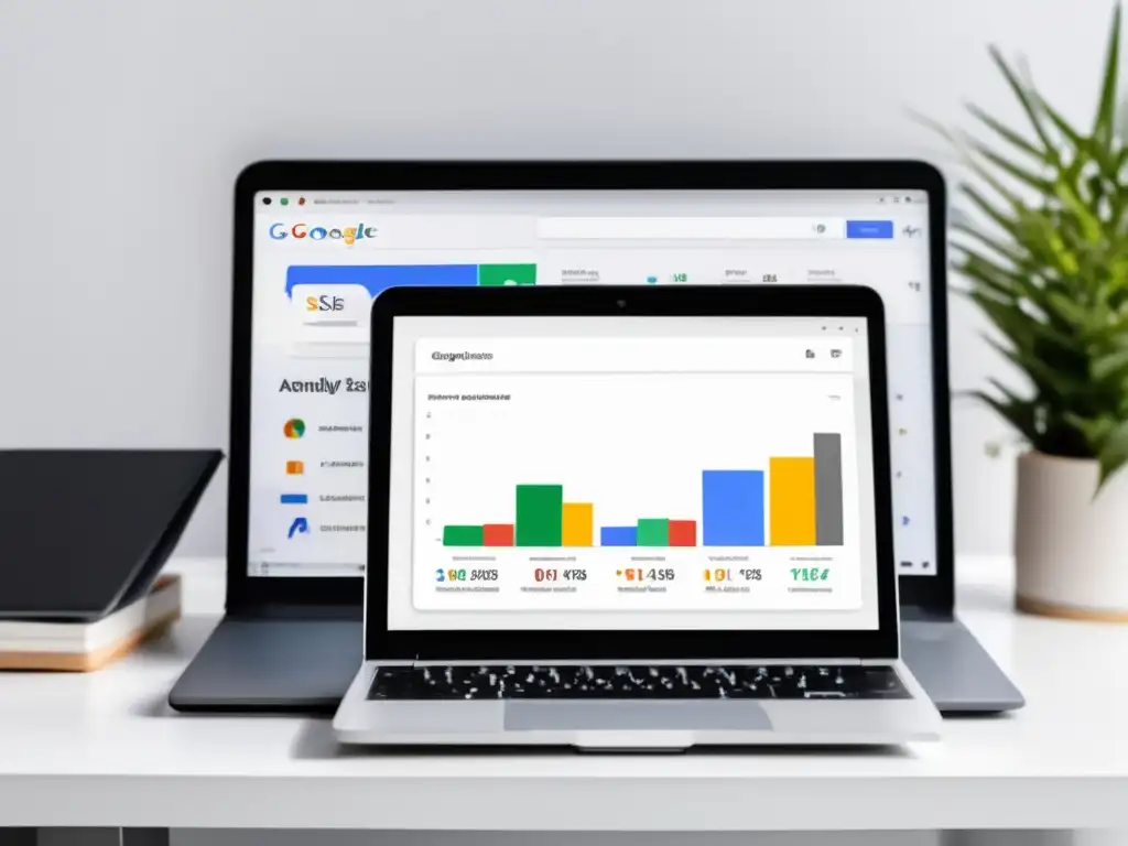 Imagen de laptop con Google Analytics y Search Console mostrando datos de SEO para marketing de afiliados