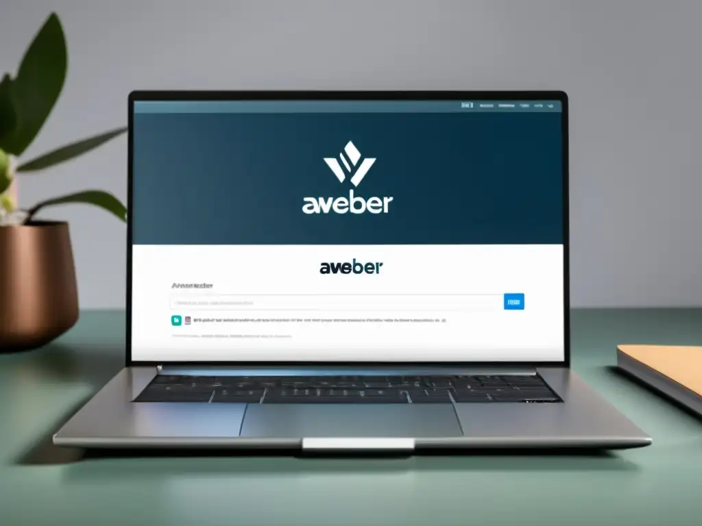 Laptop moderno con logo AWeber en pantalla, formulario de registro de programa de afiliados y beneficios