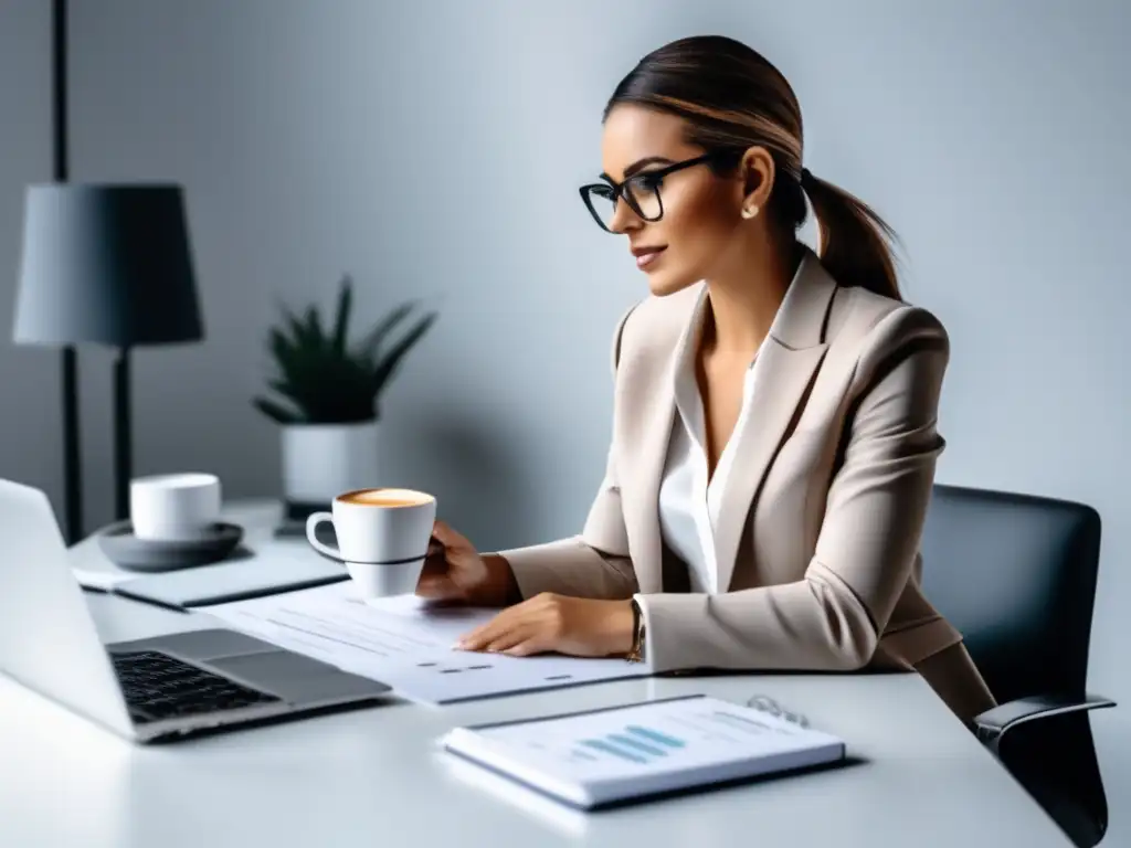 Mujer de negocios en oficina minimalista estudiando estrategias exitosas de marketing de afiliados