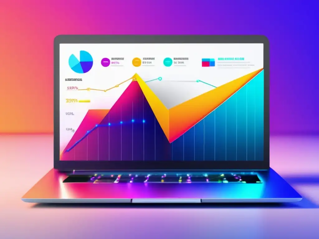 Laptop moderno con pantalla vibrante y gráfico de tráfico web, simbolizando el SEO técnico para afiliados no programadores