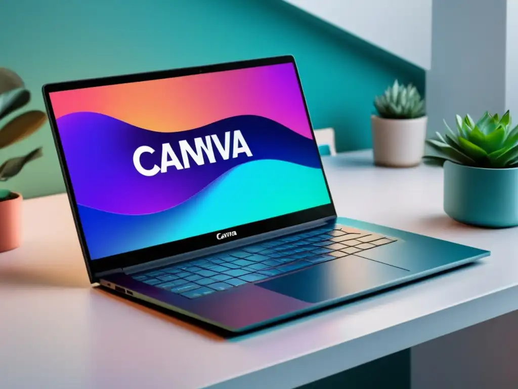 Laptop Canva: Imagen ultradetallada de una laptop moderna con interfaz vibrante de Canva