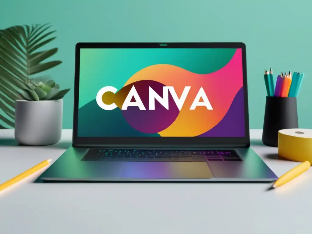 Laptop Canva con diseño creativo y elementos vibrantes, mostrando estrategias de marketing de afiliados