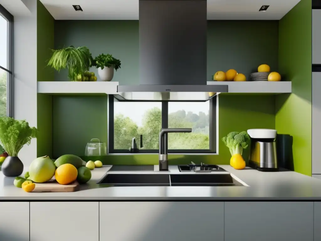 Cocina minimalista con electrodomésticos modernos, frutas y verduras frescas y colores vibrantes