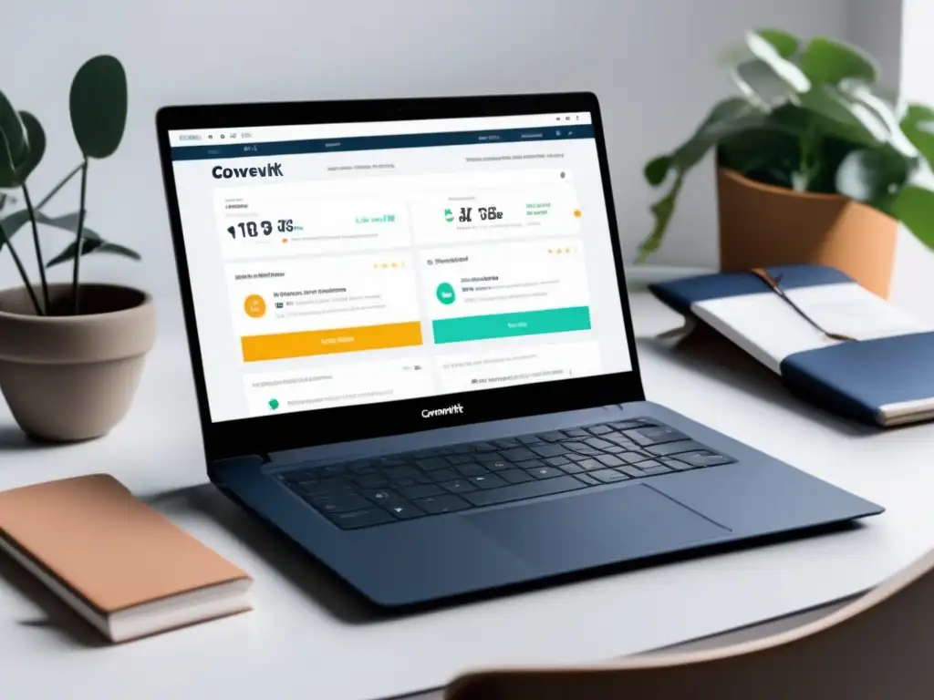 Laptop moderno en un escritorio blanco con dashboard ConvertKit, resalta beneficios programa afiliados ConvertKit