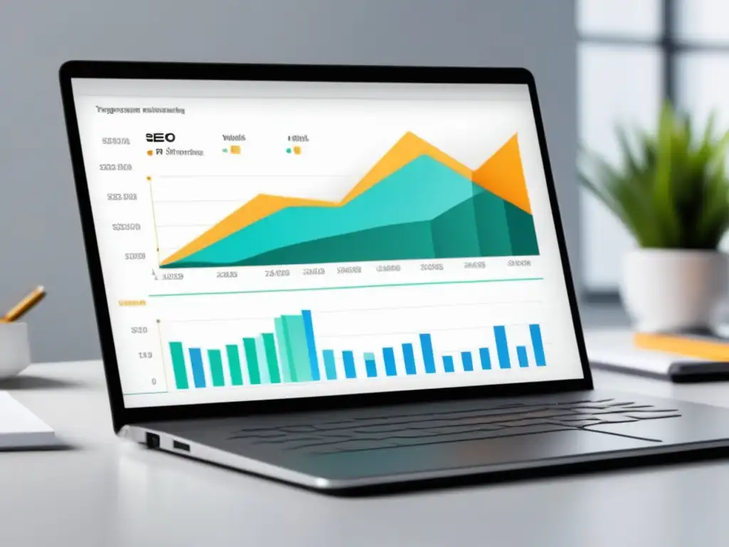 Laptop y gráfica de ingresos, símbolo de éxito con estrategias SEO en marketing de afiliados