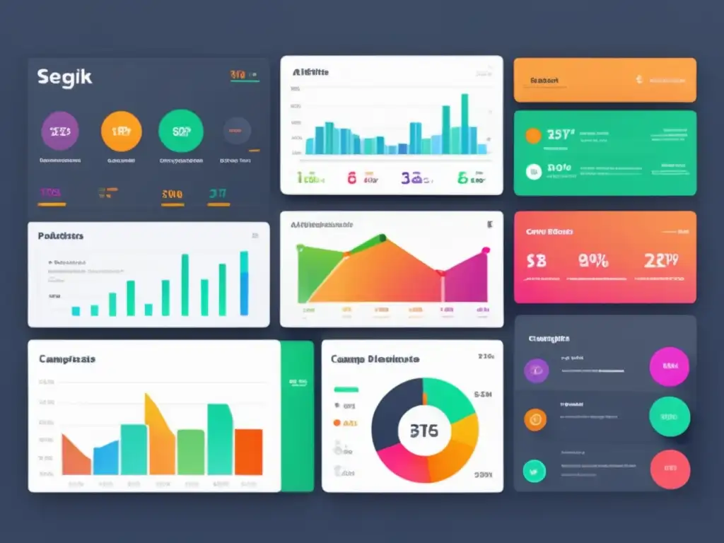 Tablero moderno y intuitivo con gráficos vibrantes y datos detallados sobre segmentación en campañas de afiliados