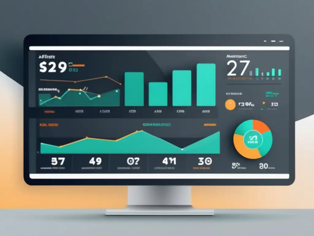 Herramientas de analítica para marketing de afiliados en un elegante y moderno dashboard digital con métricas y visualizaciones de datos