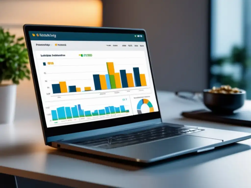 Ejemplos exitosos de marketing de afiliados: laptop con dashboard moderno y gráficos vibrantes mostrando indicadores clave