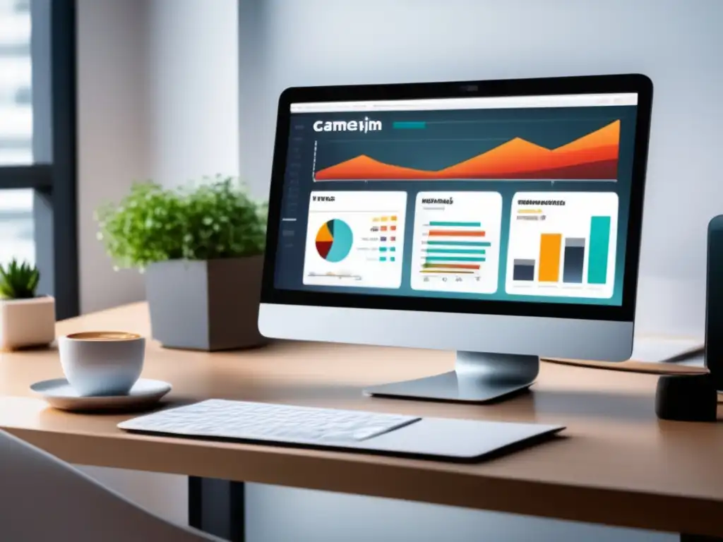 Espacio de trabajo minimalista con monitor mostrando dashboard de análisis de datos para optimización de marketing de afiliados y ciencia de datos