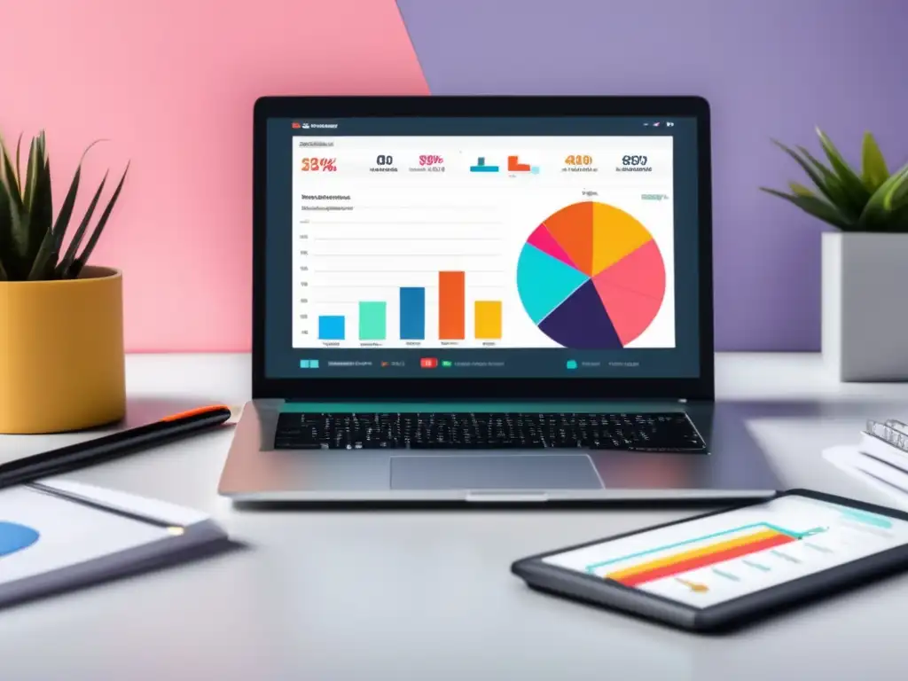 Laptop moderno con dashboard de marketing de afiliados, métricas y organización para mejorar estrategias