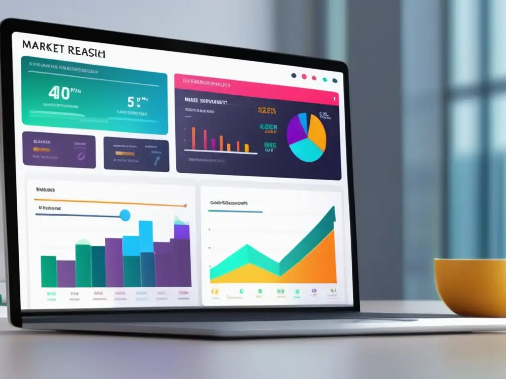 Pantalla de ordenador moderna con dashboard de investigación de mercado, gráficos y métricas