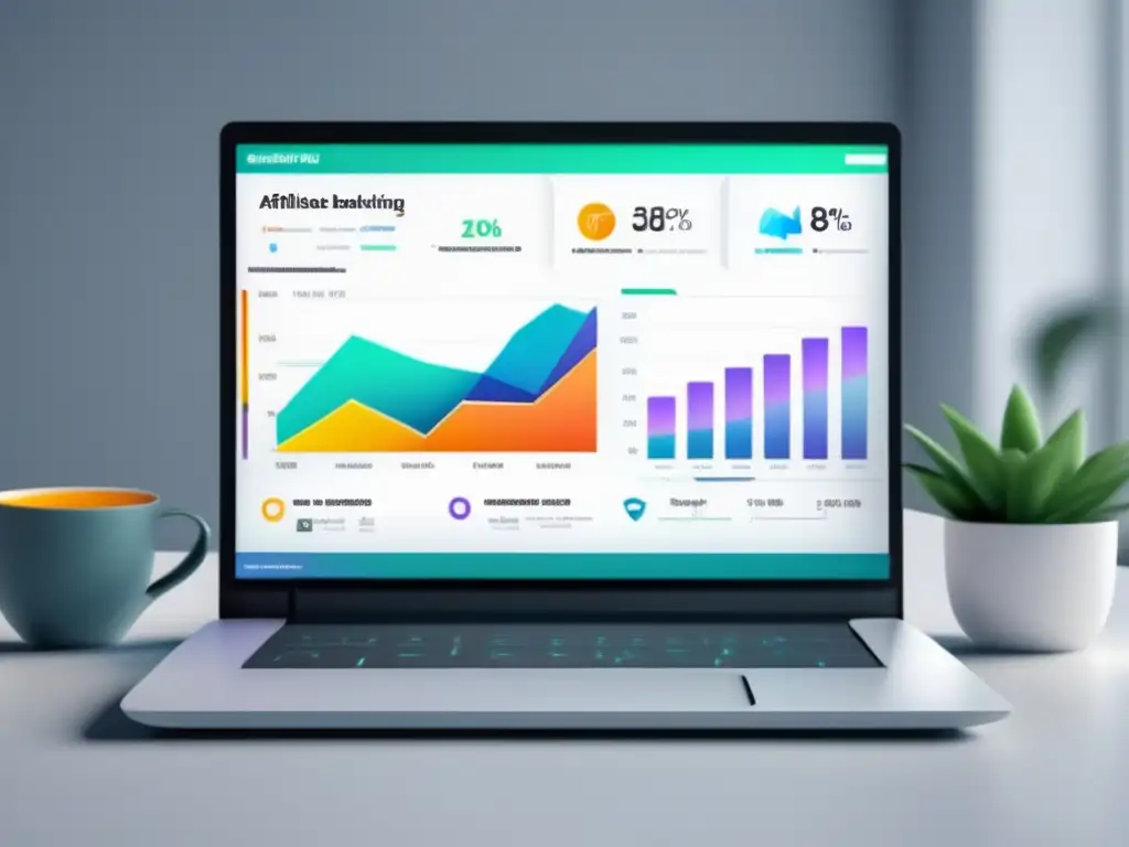 Laptop blanco muestra dashboard afiliados, gráficos y analíticas en tiempo real
