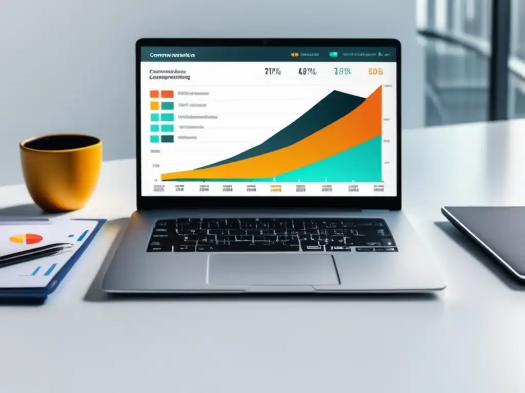 Laptop en escritorio blanco con dashboard de métricas y análisis para mejorar conversiones en marketing de afiliados