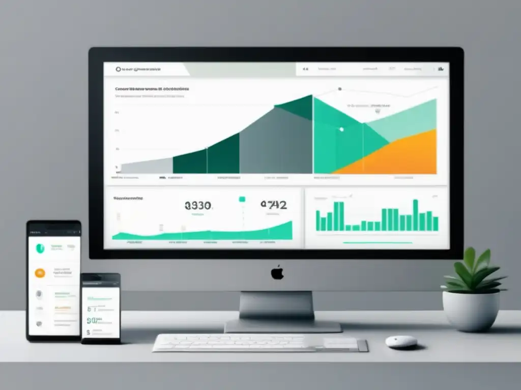 Pantalla de ordenador moderna y minimalista con dashboard de optimización de conversiones en marketing de afiliados