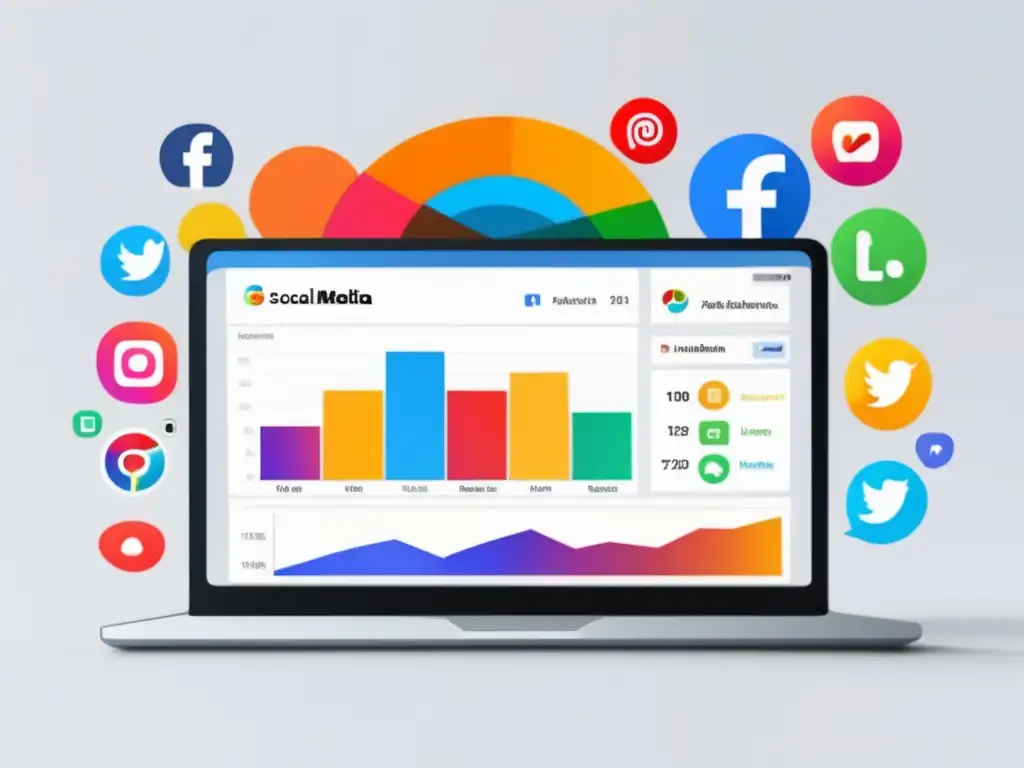 Imagen de dashboard de redes sociales con métricas, gráficos y colores vibrantes