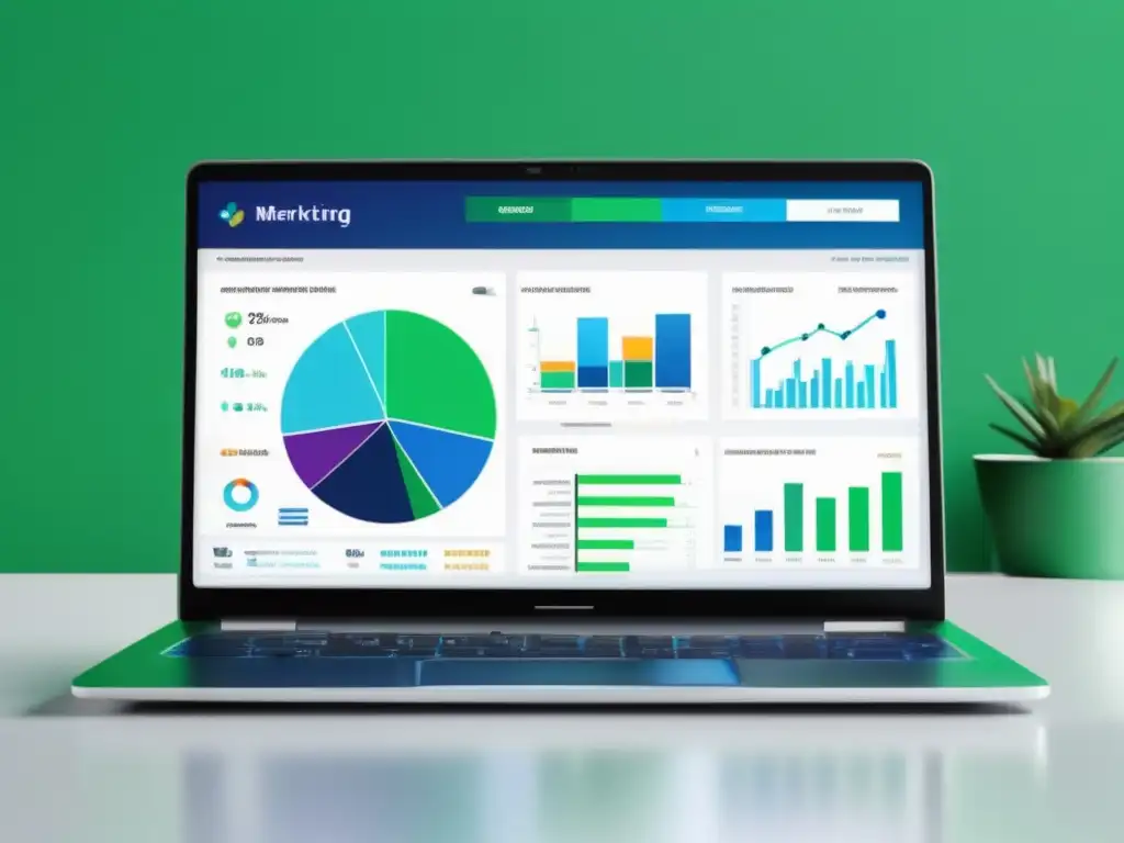 Laptop moderno con dashboard de marketing de afiliados, técnicas de optimización de contenido