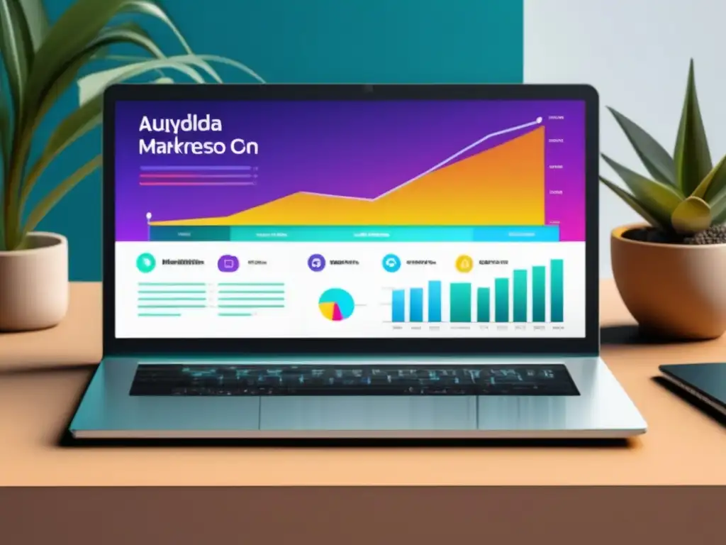 Ilustración minimalista de una pantalla de laptop con un dashboard de marketing de afiliados vibrante y atractivo - SEO para marketing de afiliados