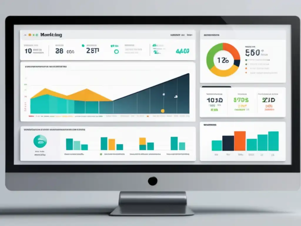 Un moderno panel de marketing digital que muestra métricas clave como clics, conversiones, ROI y tasa de conversión, en un diseño limpio y sofisticado