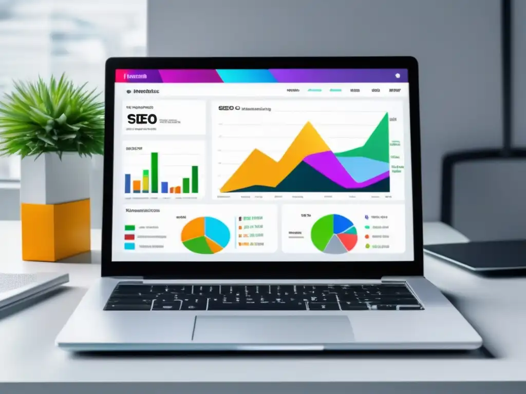 Laptop moderno con dashboard de herramientas SEO para marketing de afiliados
