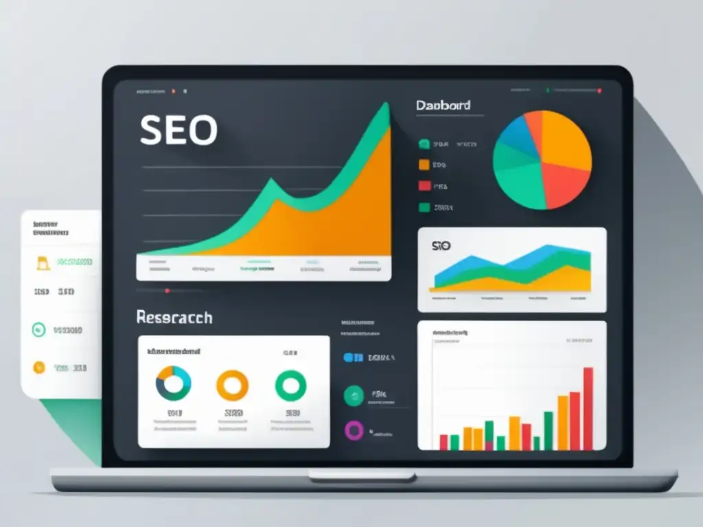 Panel SEO moderno y minimalista con herramientas para análisis de palabras clave, competidores y métricas de rendimiento