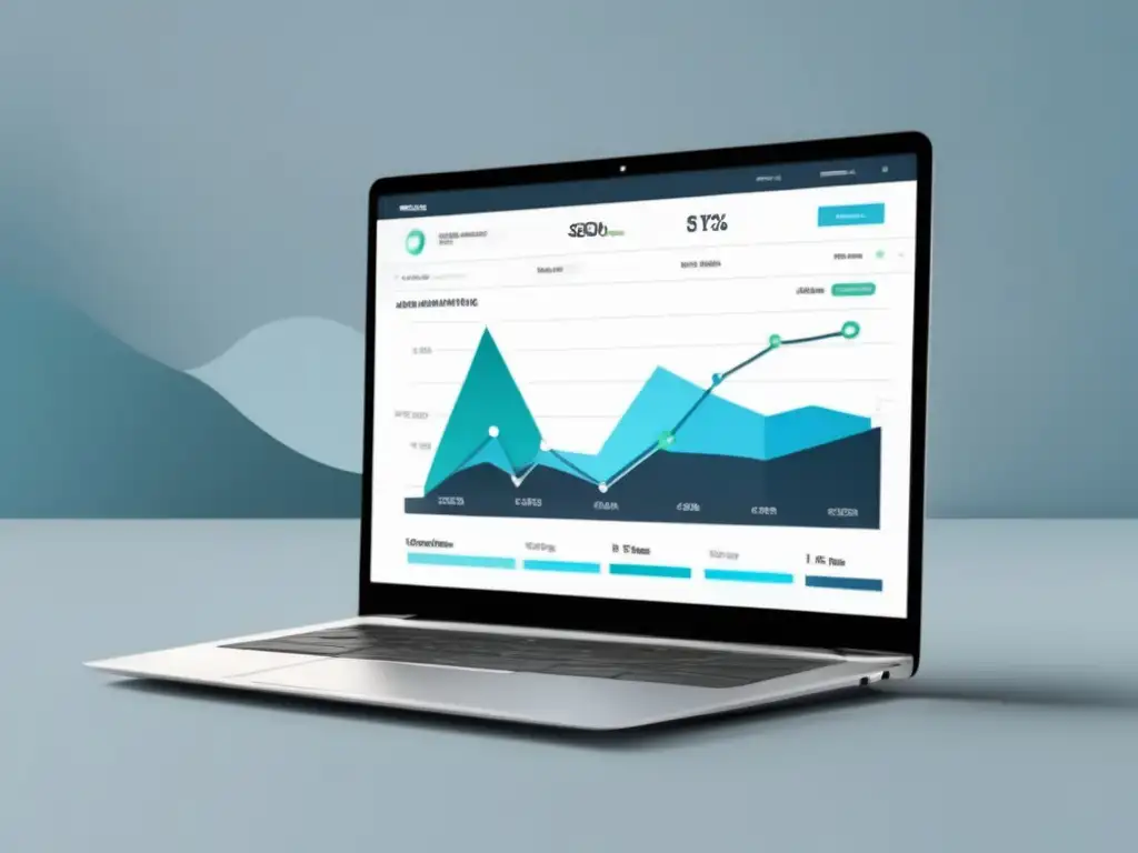 Laptop moderno con diseño minimalista y dashboard SEO para afiliados