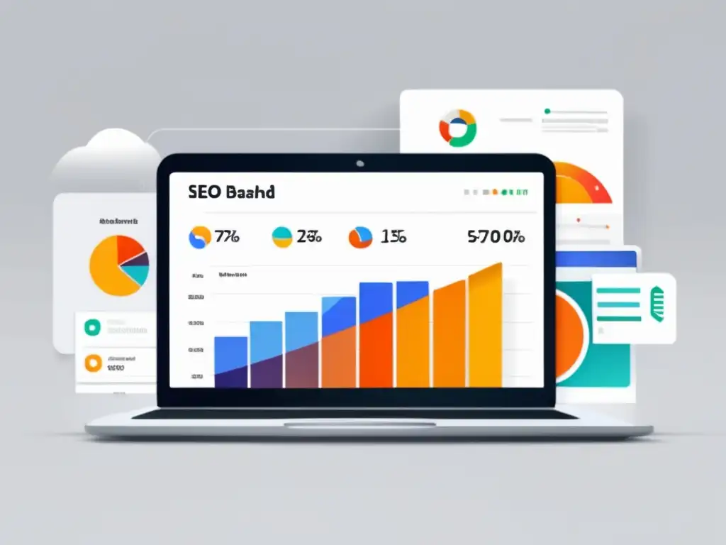 Laptop con diseño moderno y elegante, pantalla muestra dashboard SEO con métricas clave