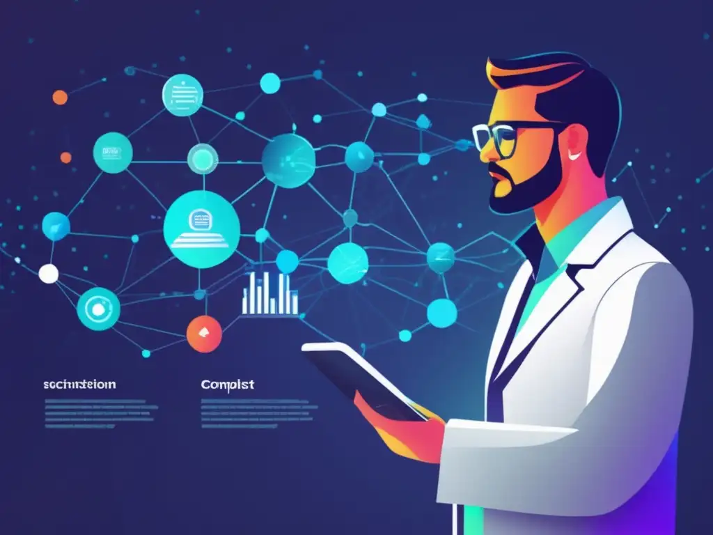 Data scientist analizando red de datos para mejorar conversiones en marketing de afiliados