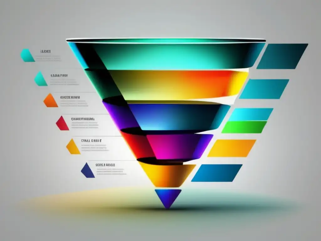 Embudo ventas moderno con bloques coloridos que representan etapas técnicas de marketing afiliados más efectivas