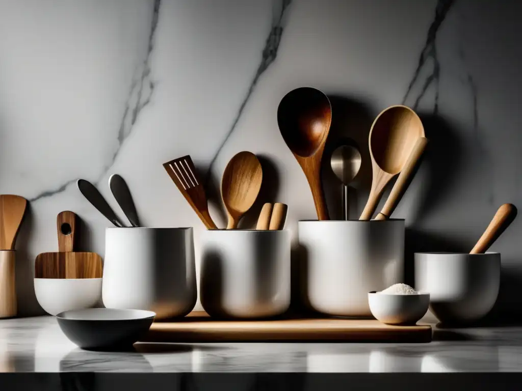 Cocina moderna y minimalista con utensilios de cocina en mármol blanco