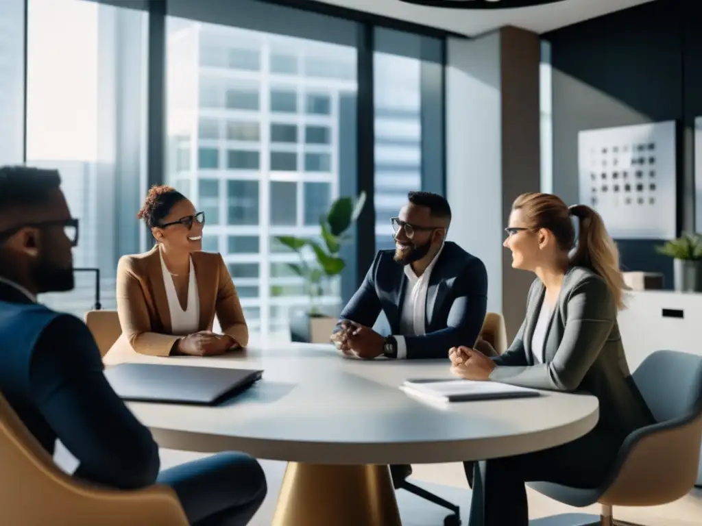 Equipo de marketing de afiliados en una oficina moderna: brainstorming, estrategias, herramientas de marketing de afiliados