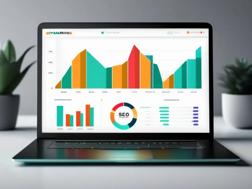 Laptop en una mesa blanca con gráfico de crecimiento de ingresos de marketing de afiliados y estrategias clave