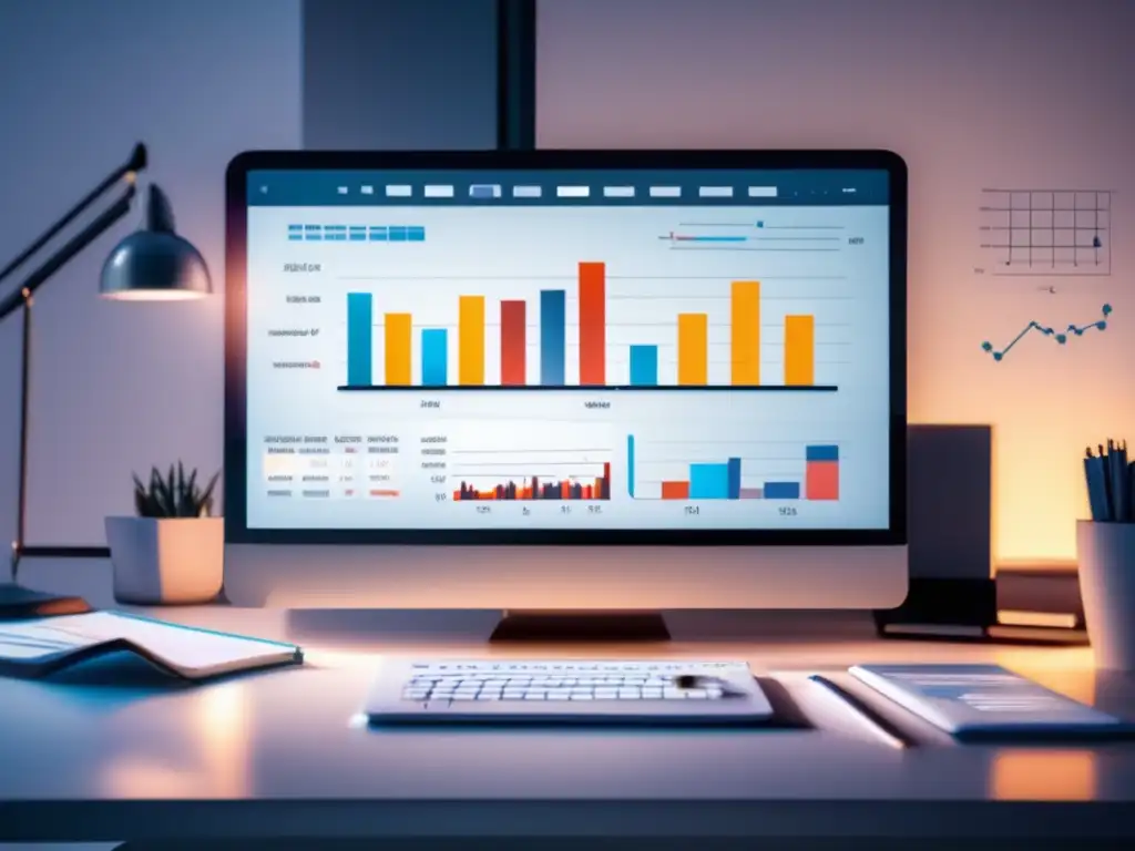 Escritorio blanco con pantalla mostrando gráficos y gráficas de análisis de datos
