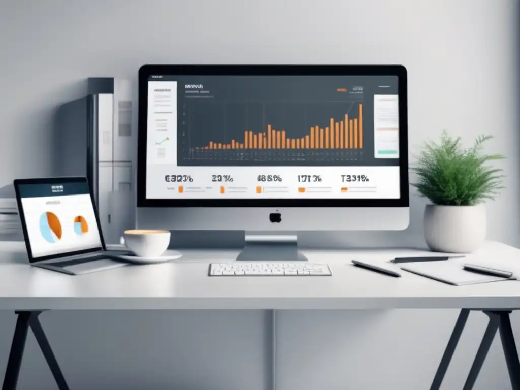 Escritorio blanco minimalista con métricas clave para el rendimiento de campañas de marketing de afiliados