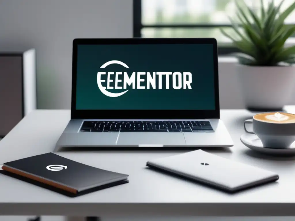 Imagen moderna de una laptop con el logo de Elementor en su pantalla, en un escritorio blanco y limpio en una oficina minimalista