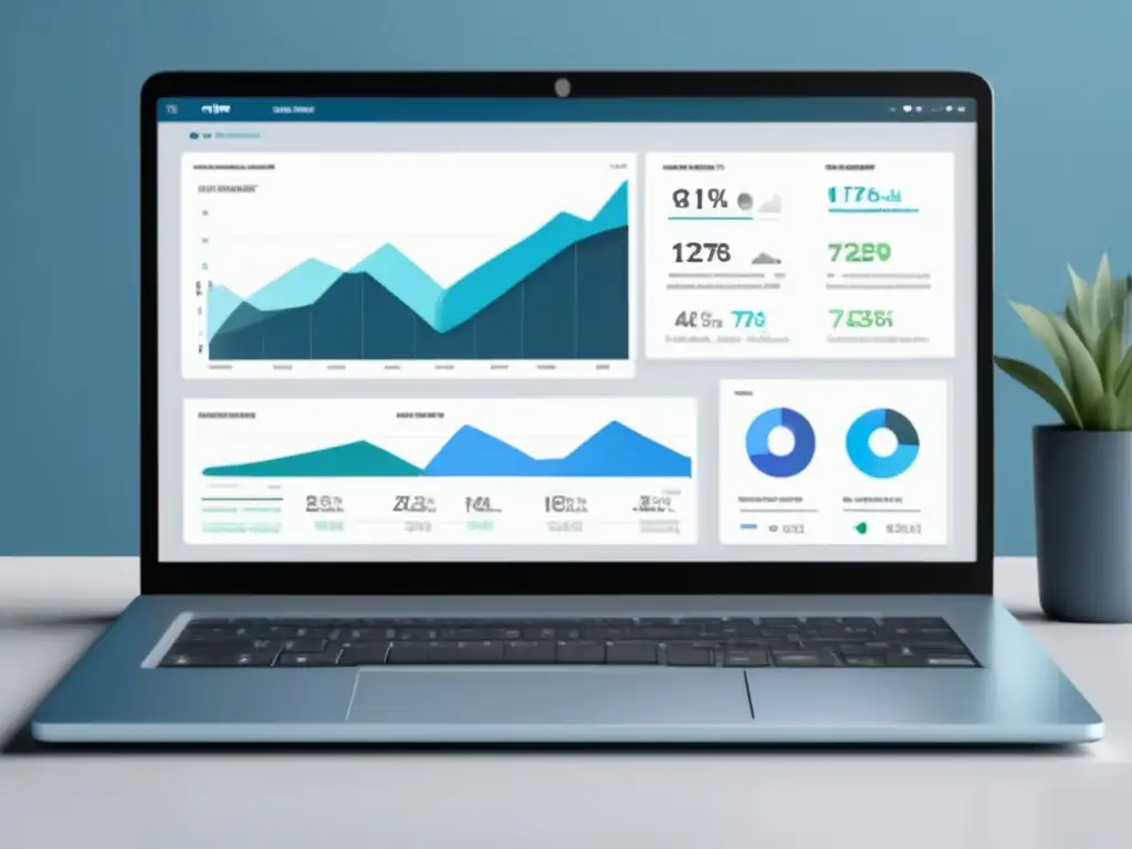 Imagen de laptop en un escritorio blanco con dashboard profesional para marketing de afiliados