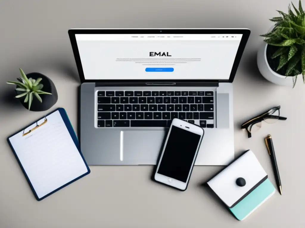 Espacio de trabajo minimalista con herramientas de email marketing para afiliados