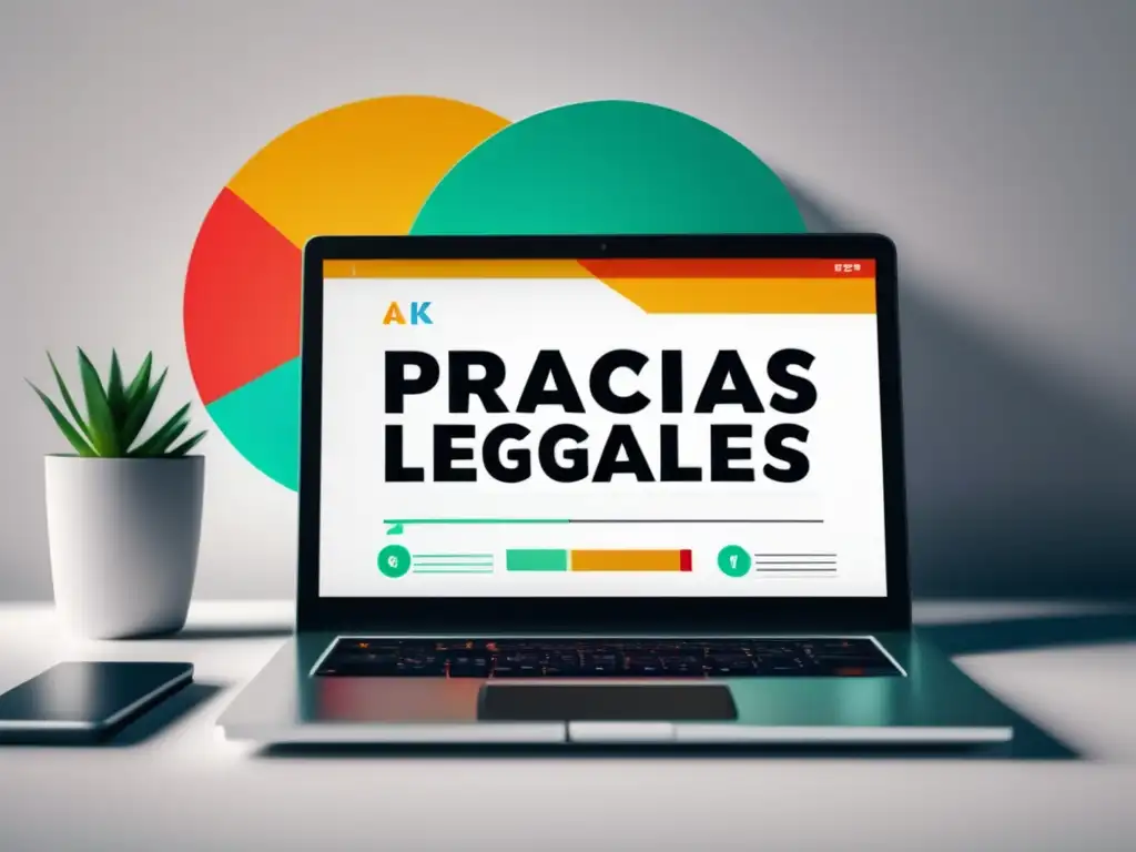 Imagen: Laptop en escritorio blanco con gráfica de éxito en pantalla y accesorios, prácticas legales marketing de afiliados