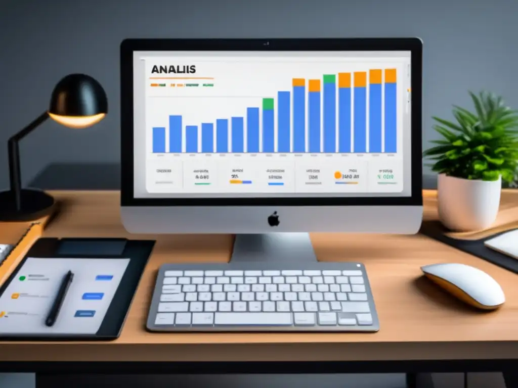 Escritorio minimalista con monitor Google Analytics y teclado elegante