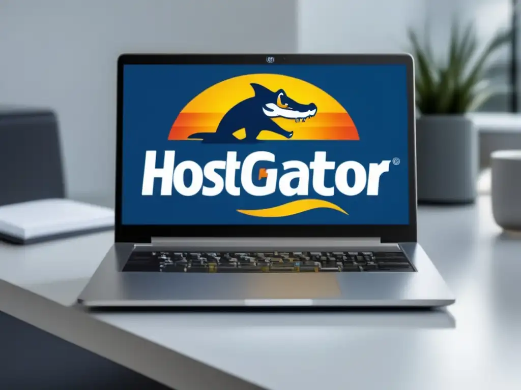 Laptop plata minimalista con logo HostGator, libros de marketing de afiliados y programa de afiliados de HostGator en un escritorio blanco luminoso