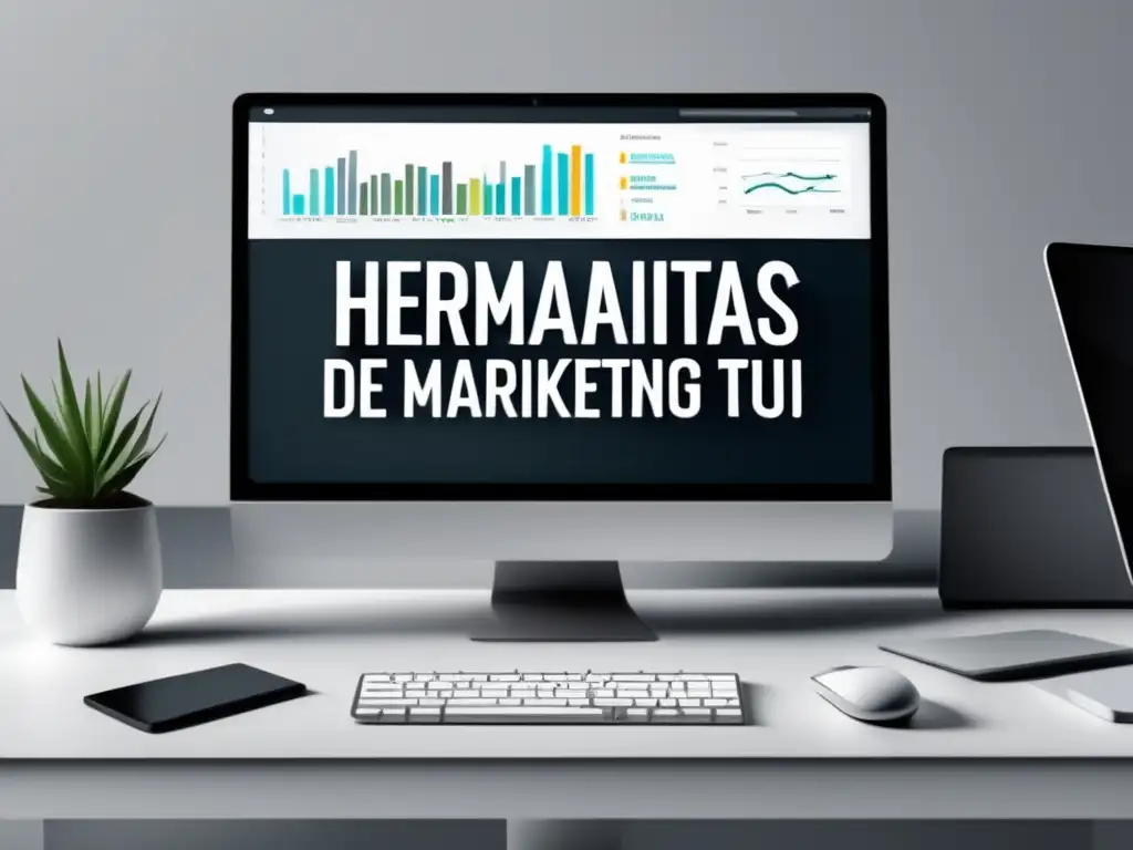 Imagen de herramientas de marketing de afiliados en un espacio de trabajo digital moderno y minimalista