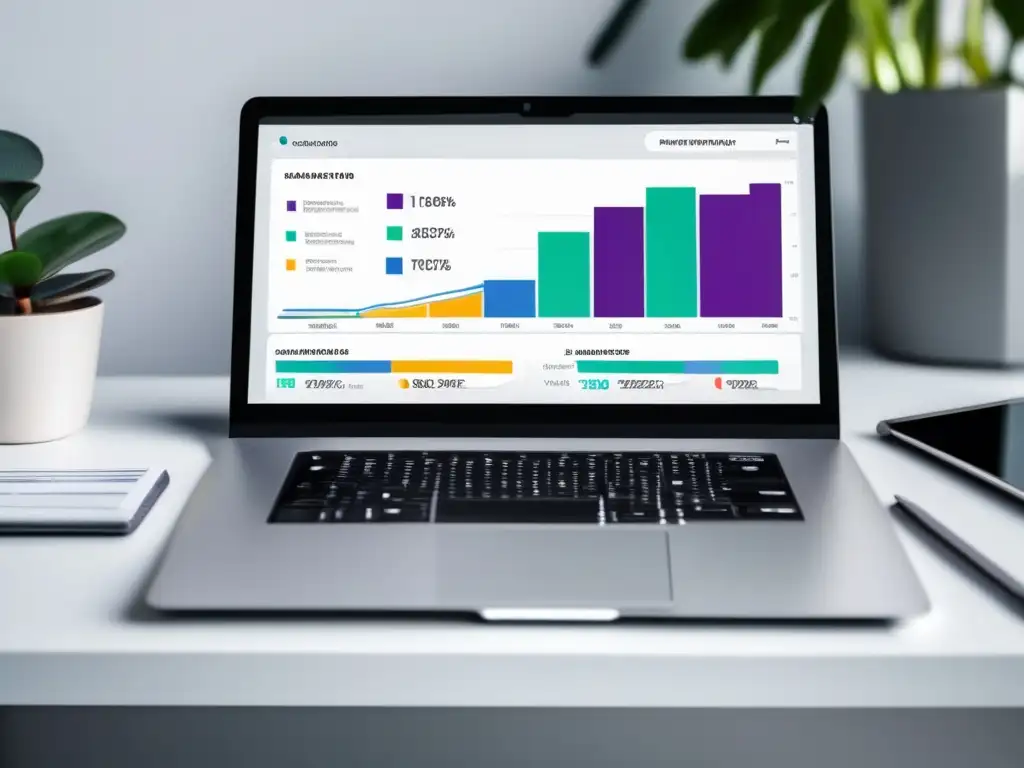 Laptop en un escritorio blanco con un elegante panel de control de marketing de afiliados, mostrando datos y gráficos de campañas