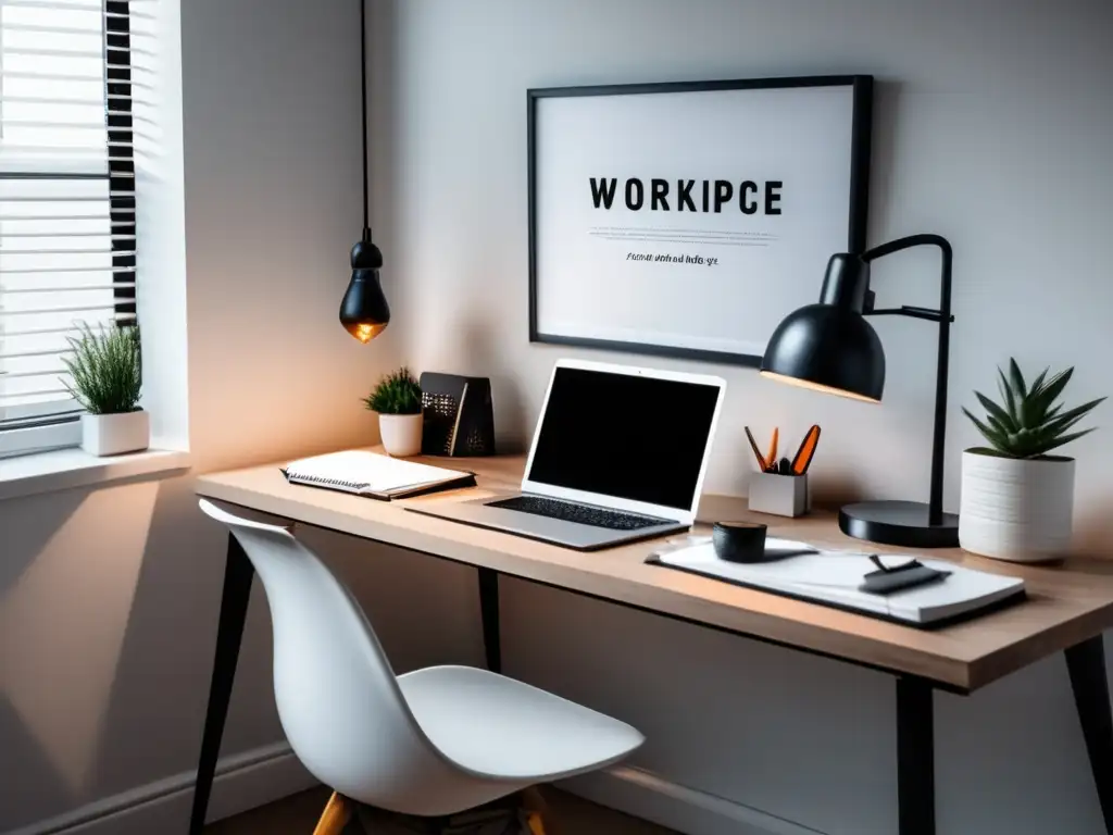 Workspace minimalista con escritorio blanco, laptop, notas y luz natural