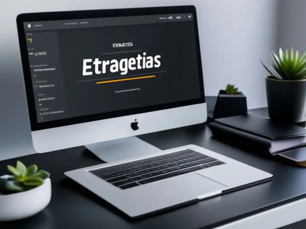 Oficina minimalista con escritorio negro mate y estrategias de contenido para el marketing de afiliados